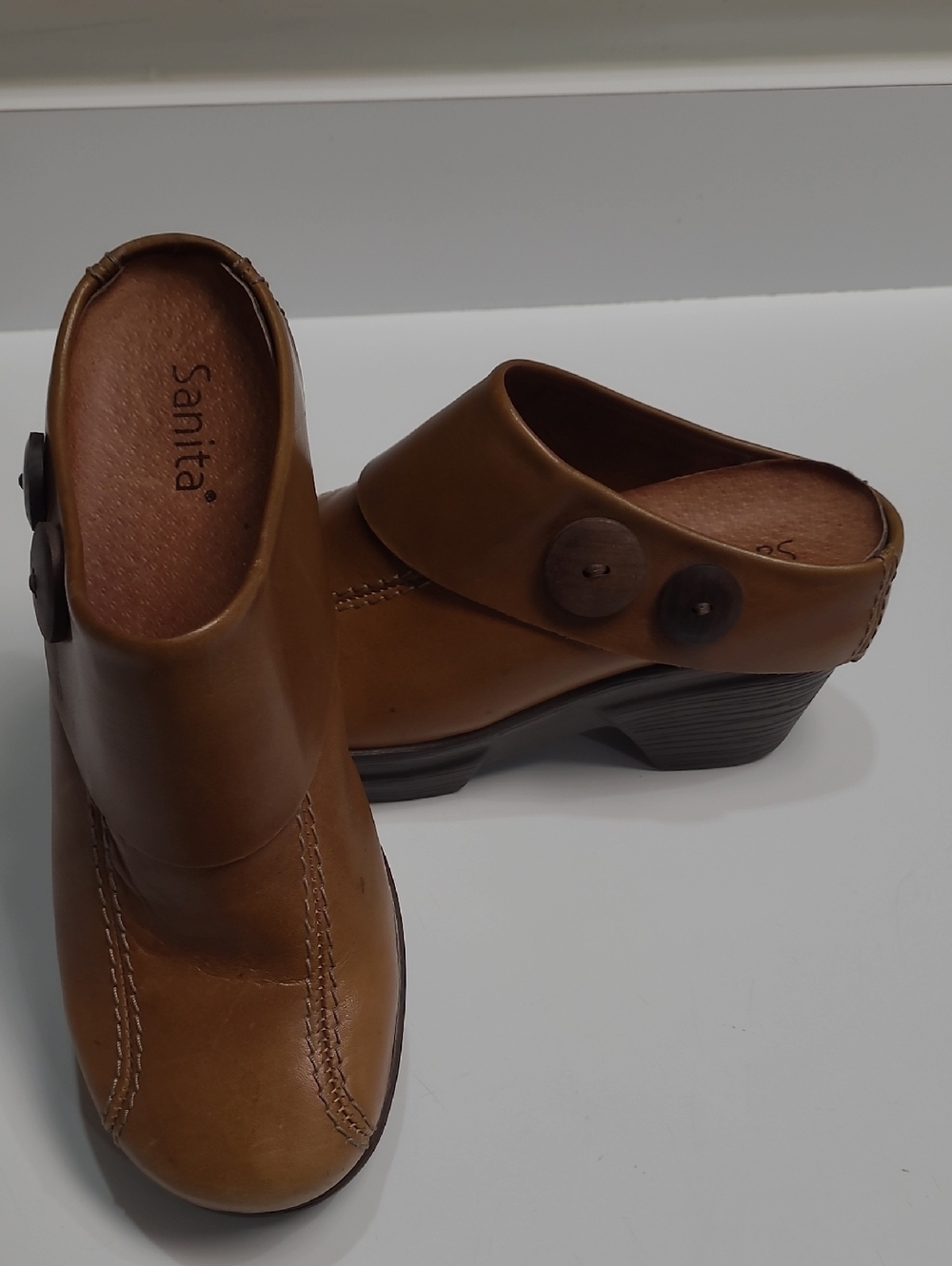 Sanita Tan Leather Clog with Decorative Button Strap - Size 9 (EU-39)